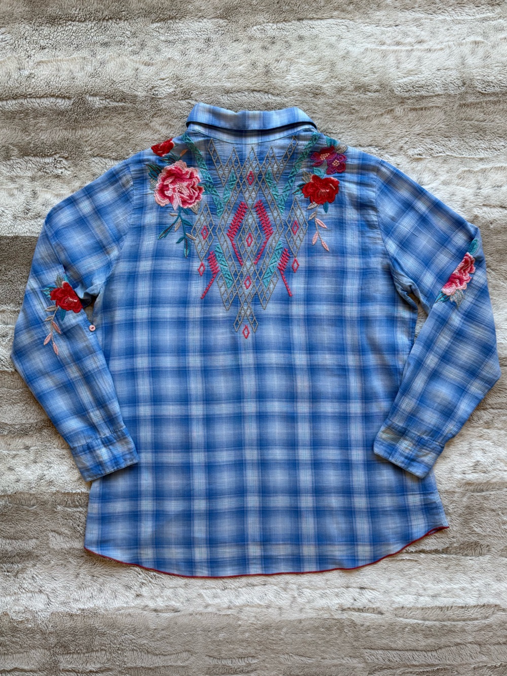 Johnny Was Embroidered Check Relaxed Button Down Shirt Size M - Picture 2 of 10